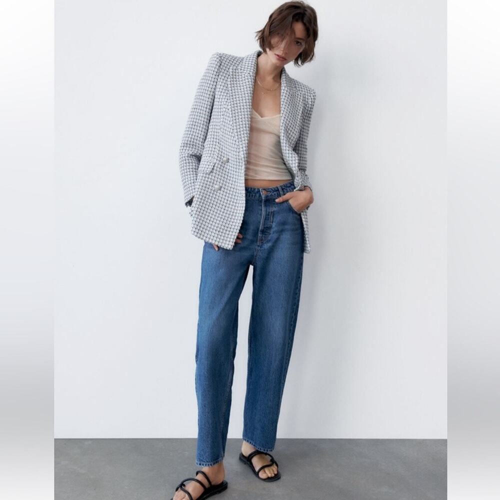 ZARA TWEED WEAVE KNIT BLUE JACKET SILVER BUTTONS